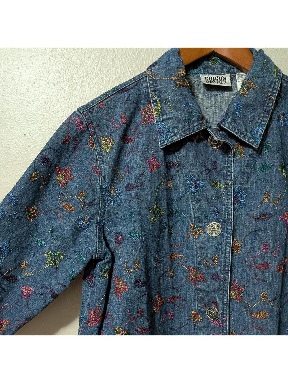 Vintage Y2K Embroidered Denim Jacket Rainbow Floral Chore Jacket Size M